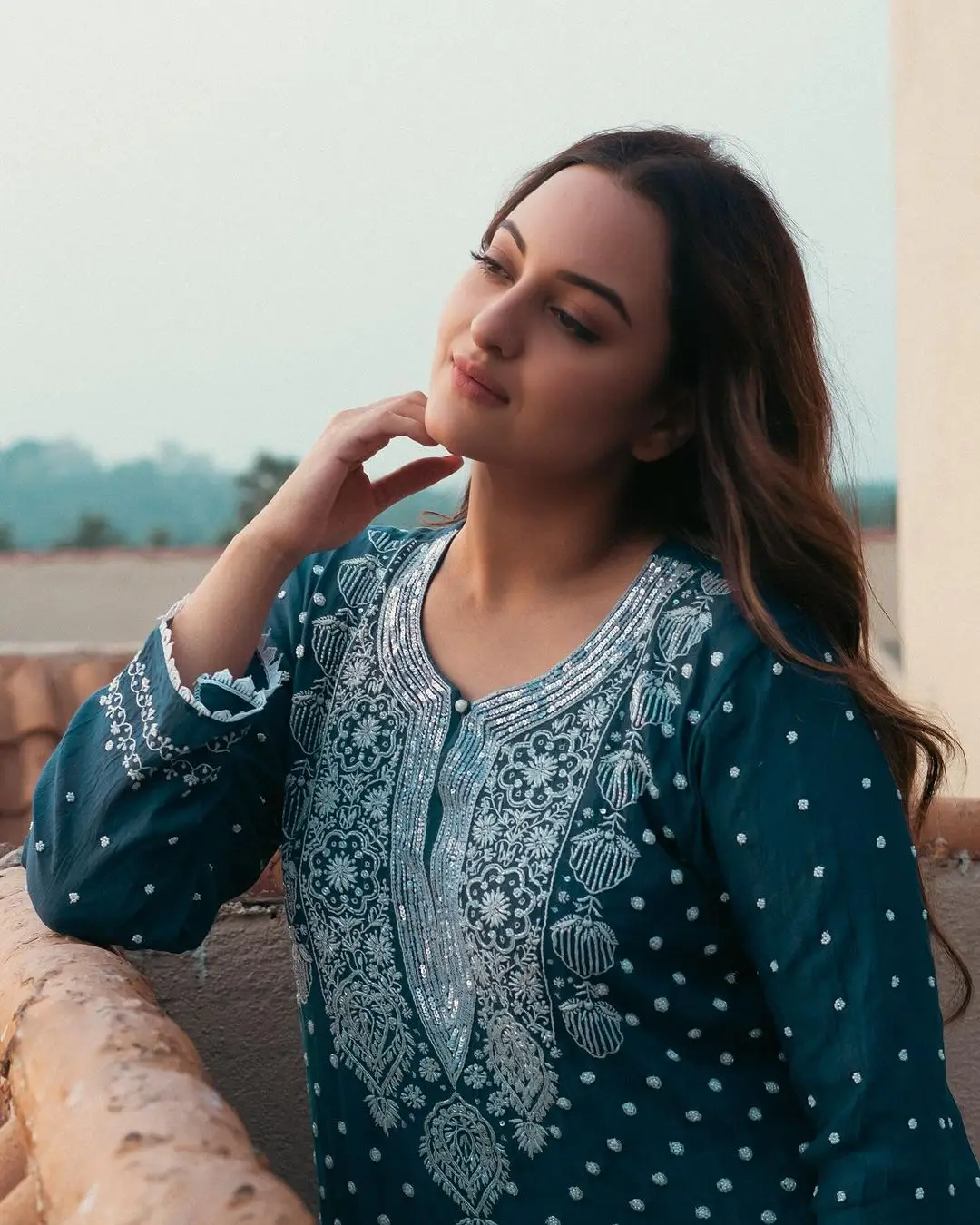 Mumbai Actress Sonakshi Sinha Long Hair Photoshoot in Blue Dress